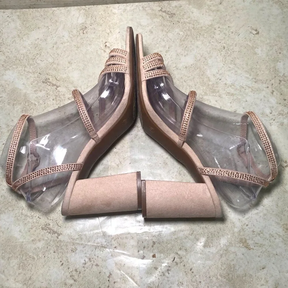 Strappy‎ Nude Rhinestone Sandals With Block Heels Prom Wedding Party - Picture 5 of 9